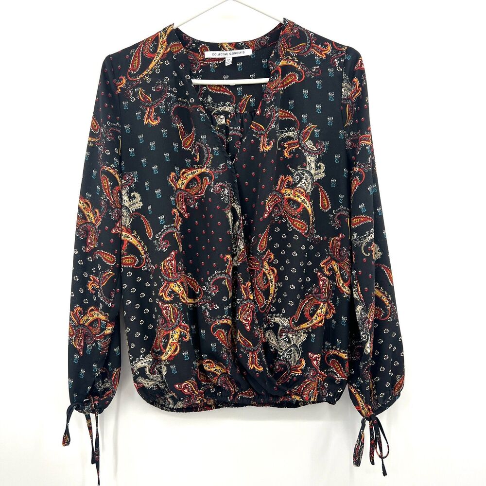 Collective Concepts Womens M Black Paisley Surplice Blouse Tie Cuff Long Sleeve